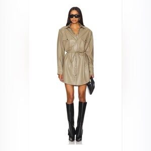Nookie Off Duty Shirt Dress Khaki Faux Leather Mini Tie Waist Long Sleeve Small